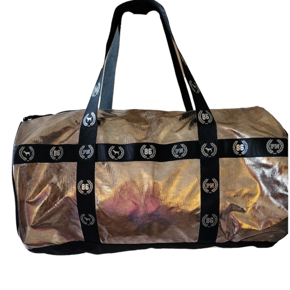 Victoria's Secret PINK Gold Metallic and Black Large Duffle Bag PINK NATION - Picture 3 of 9